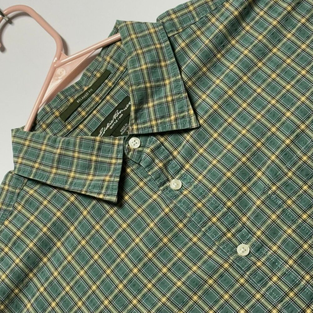 Eddie Bauer Mens L Relaxed‎ Fit Green & Yellow Plaid Button-Down Shirt Excellent